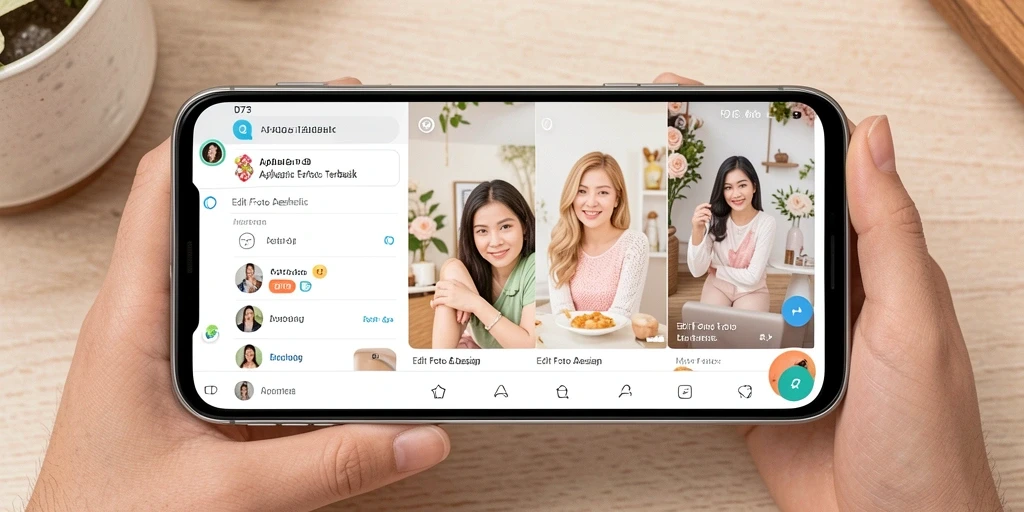 Tampilan antarmuka aplikasi D73 dengan fitur Edit Foto Aesthetic yang modern.