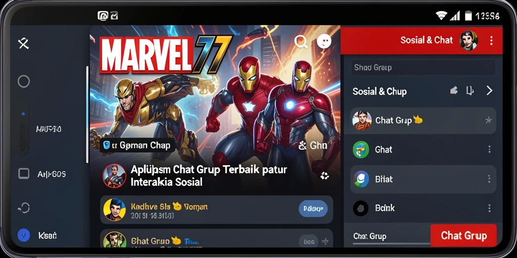 Antarmuka aplikasi <strong>MARVEL77</strong> yang menampilkan fitur Chat Grup yang interaktif